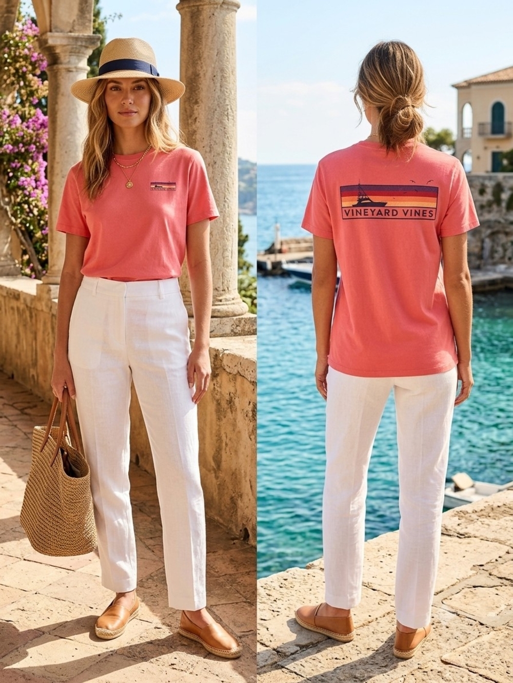 Like New Vineyard Vines Sunset Boat Graphic T-Shirt in a vibrant coral pink tone